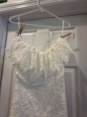 Lulu's White Lace Off-Shoulder Ruffle Jumpsuit